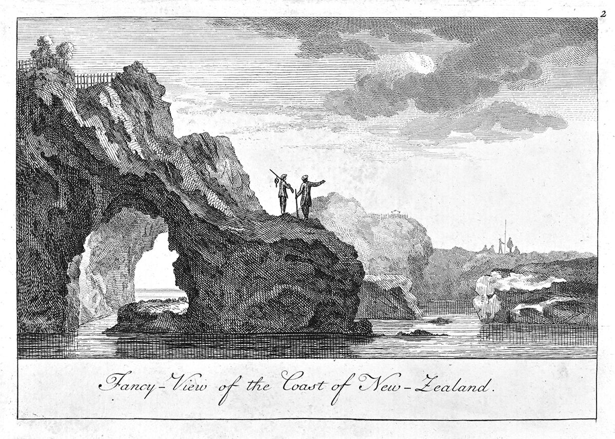 Carl Adolph Gottlob von Schachmann, »Fancy-View of the Coast of New Zealand« (Fantasieansicht der Küste Neuseelands), 1776/77, Radierung