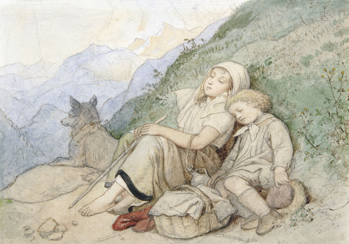 Adrian Ludwig Richter (1803–1884), Zwei Kinder auf einer Rast im Gebirge, um 1860, Grafit, Pinsel in Wasserfarben, Görlitzer Sammlungen