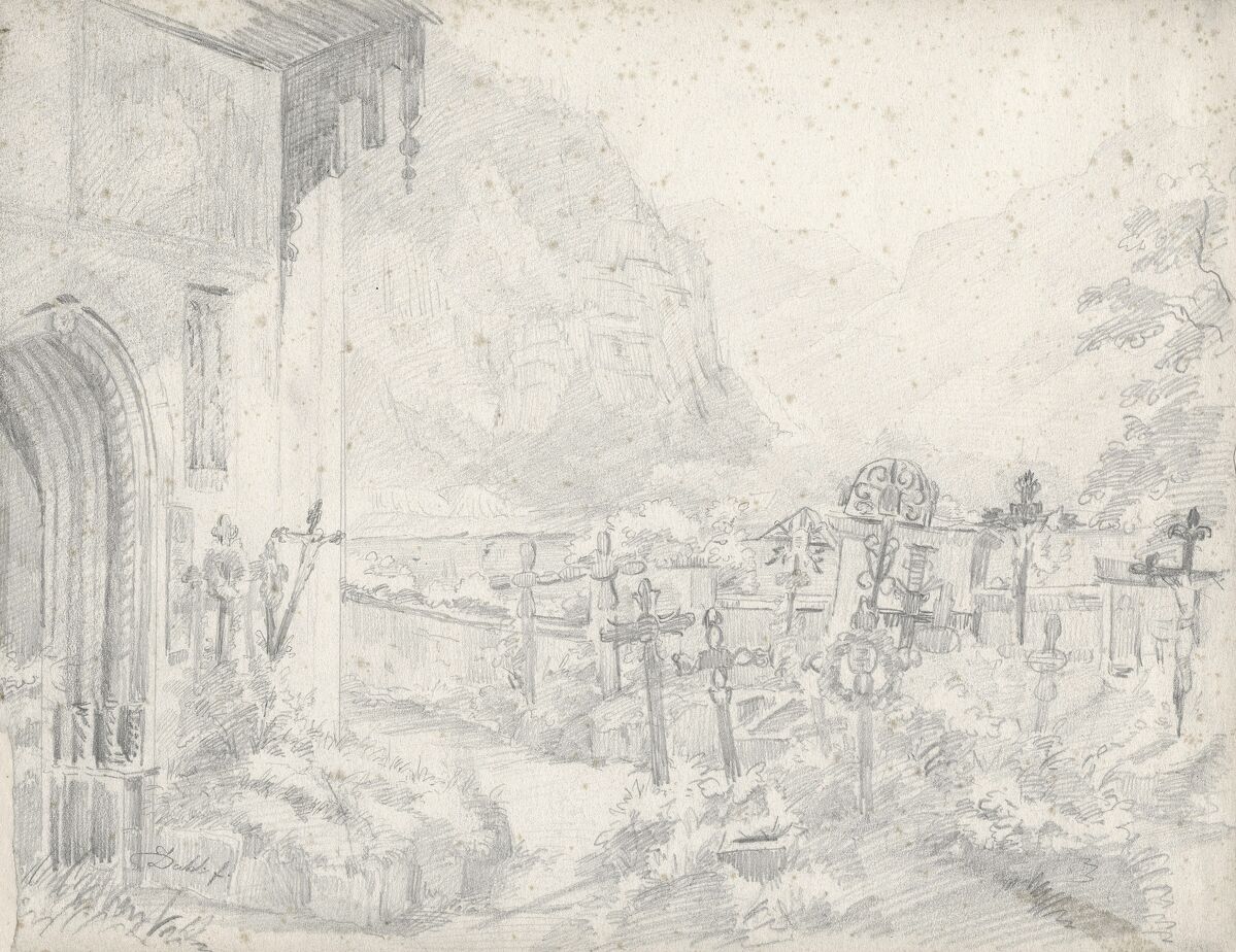 Johan Christian Clausen Dahl (1788–1857), Friedhof mit Kapelle in den Tiroler Alpen, 1820, Grafit, Görlitzer Sammlungen für Geschichte und Kultur (Foto: Kai Wenzel)