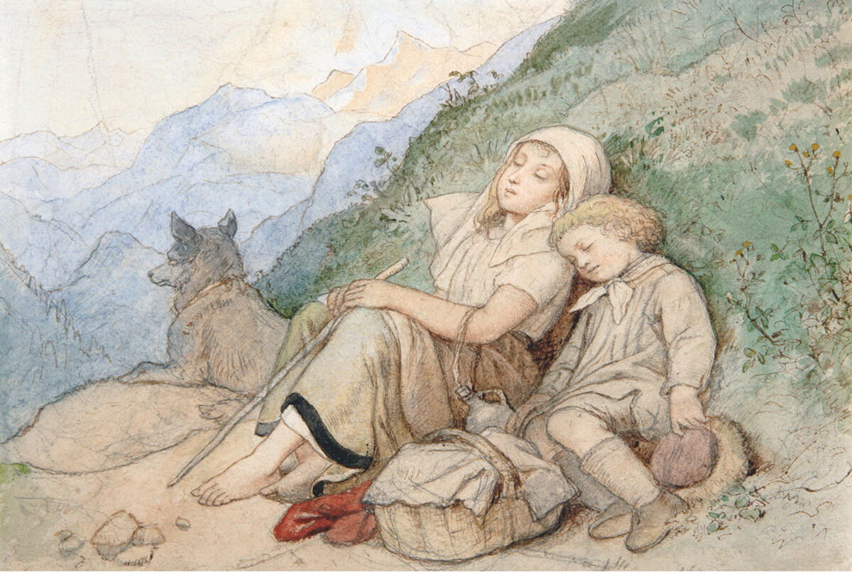 Adrian Ludwig Richter (1803–1884), Zwei Kinder auf einer Rast im Gebirge, um 1860, Grafit, Pinsel in Wasserfarben, Görlitzer Sammlungen (Foto: K. Wenzel)