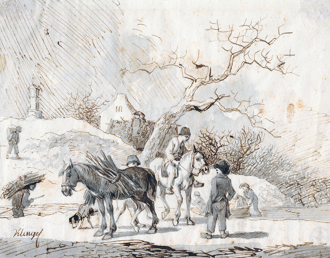 Johann Christian Klengel (1751–1824) Wintertag um 1800, Feder in Tusche und Pinsel in Wasserfarben