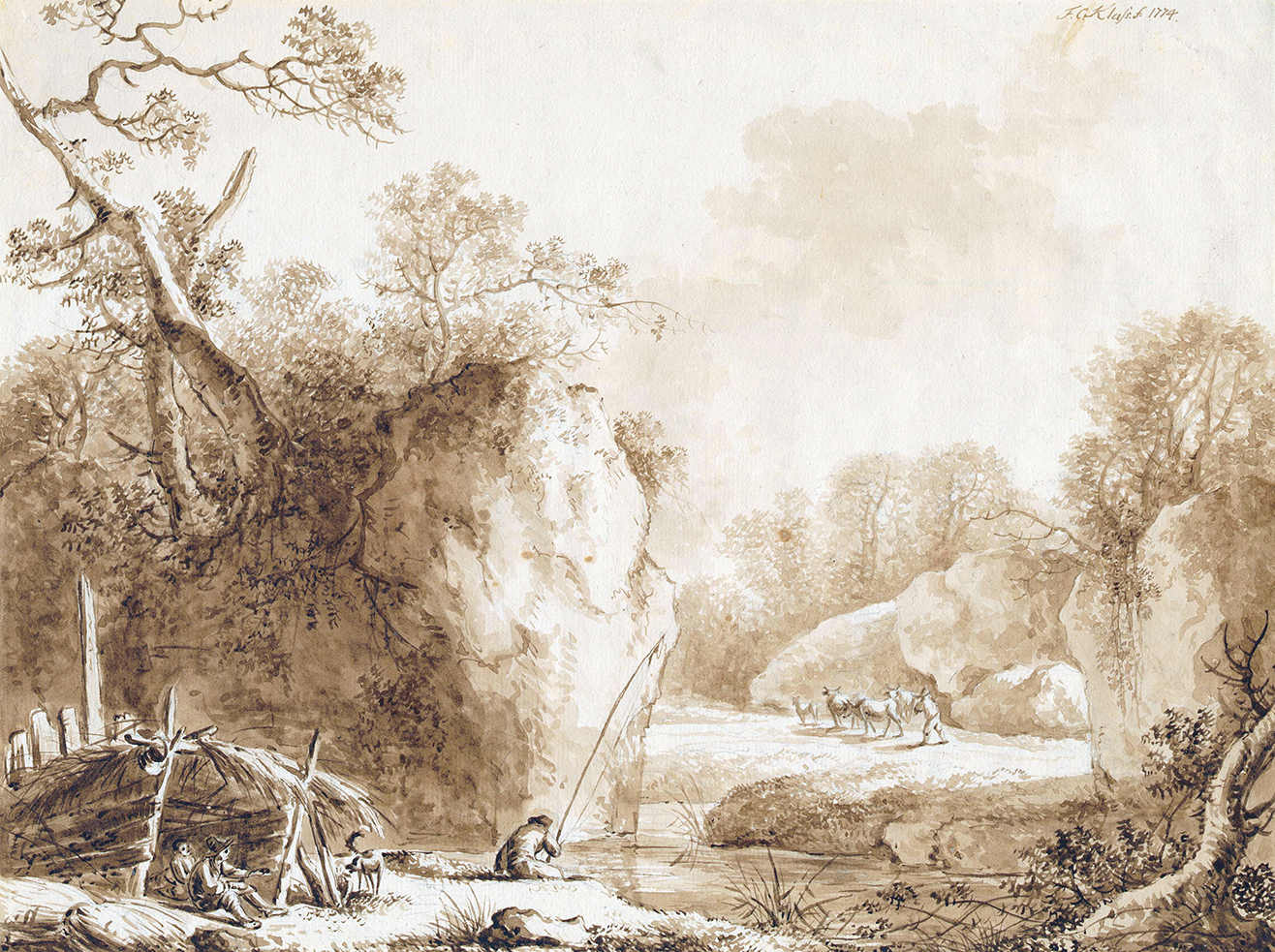 Friedrich Christian Klass (1752–1827) Flusslandschaft mit Felsen und einem Angler 1774, Pinsel in Wasserfarben über Kreide