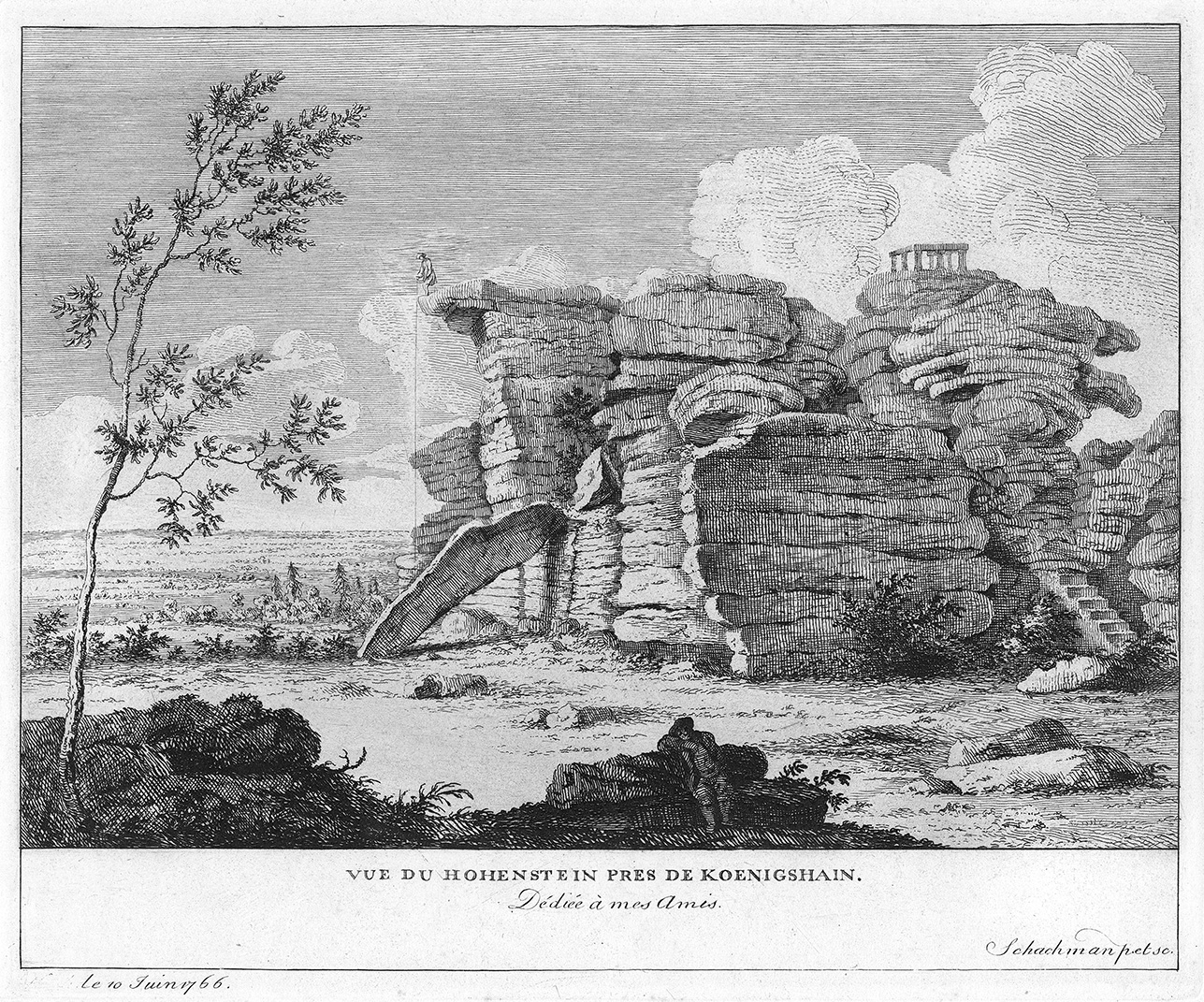 Carl Adolph Gottlob von Schachmann, »Vue de Hohenstein pres de Koenigshain« (Ansicht des Hochsteins bei Königshain), 1766, Radierung
