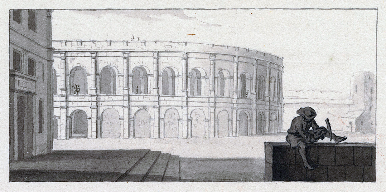 Carl Adolph Gottlob von Schachmann, Das römische Amphitheater in Nîmes, um 1746, Pinsel in Wasserfarben